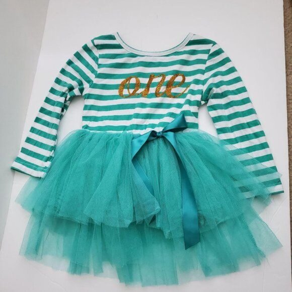 First Birthday Dress IBTom Green Tutu Striped Long Sleeve GIRLS 12 - 18 Months - Picture 5 of 8
